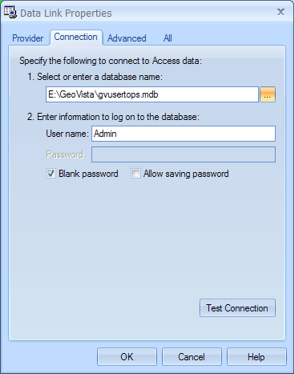 Data Link Properties Dialog Box: Connection Tab