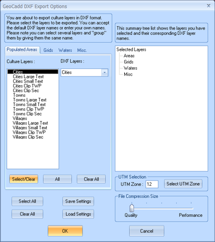 GeoCadd DXF Export Options Dialog Box