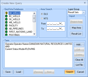 Create New Query: Terms Listed in Terms Window